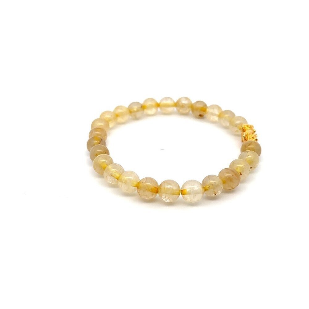 18K Gold Dragon Pixiu Piyao Lucky Charm Bracelet Gemstones Rutilated Quartz 6mm - Picture 3 of 5